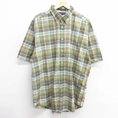 XL/古着 トミーヒルフィガー 半袖 ブランド シャツ メンズ 90s 大きいサイズ ロング丈 コットン ボタンダウン 緑他 グリーン チェック 25ap