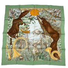 美品 HERMES エルメス カレ90 CHASSE au BOIS 森の狩猟  スカーフ シルク グリーン