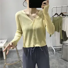 ☆ イエロー ☆ Lサイズ ☆ Vネックリブカーディガン クロップ丈 カーディガン レディース カーデガン カーデ Vネック リブカーディガン 羽織もの はおりもの おしゃれ シンプル 上品 きれいめ オフィスカジュアル 大人 ミセス 通勤 オフィス