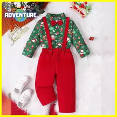 クリスマス男の子　服 長袖セットアップA 80 90 100 110 120 130サンタ柄シャツ　トップスとズボン　スーツ　サスペンダー　緑コスプレ子供キッズ サスペンダー ツリー ベビー 赤ちゃん クリスマスパーティー　保育園　クリスマス会　衣装【arc】