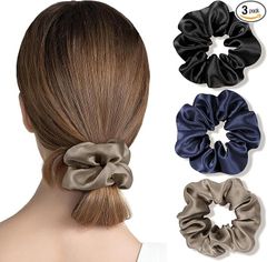 OLESILK ヘアゴム シュシュ シルク 100％ 髪ゴム 大人 跡がつかない おしゃれ ヘアキャップ 3個セット 22匁 髪留め 髪ゴム 4cm ブラック+ネイビー+トープ
