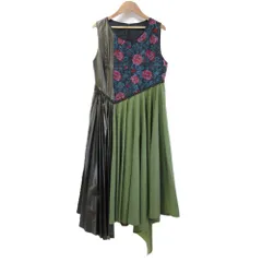 美品 Lois CRAYON ロイスクレヨン アシンメトリーヘム パッチワーク ミモレ丈 ノースリーブ プリーツワンピース M マルチカラー レディース 古着 中古 USED