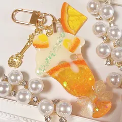 cafeオレンジソーダ◆シェイカーキーホルダー フェイクスイーツ 押しフルーツ みかん レジン ビーズ ホログラム リボン ハートシェイカー チャーム シャカシャカキーホルダー パフェ ゆめかわいい 夏 クリームソーダ キラキラ 名入れ しぇりるのシェイカー