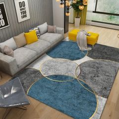 140cm／レトロパターンブロックチェックラウンドラグカーペット ブルー