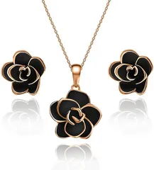 CHLOEOS バラ ピアス ネックレス セット人気 蔷薇 ローズ 花 スタッドピアス レディース シンプル 大人可愛 女性 k18金 結婚式 誕生日 記念日(ブラック)