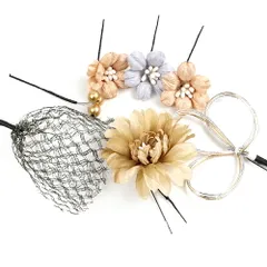 髪飾り 成人式 水引 振袖 袴 花 7点セット ベージュ 茶 黄色 白 ブルーグレー ピンクベージュ 黒 ゴールド 花 レース かわいい No.12-0364