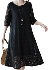 Elixio エリクシオ ワンピース レース レースワンピース Ａラインワンピース レディース きれいめ 上品 夏 秋 結婚式 デート 透け感(ブラック,  L)