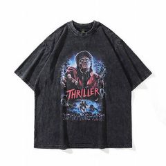 メンズ レディース半袖Tシャツ 映画 アートTシャツ マイケルジャクソン Thriller スリラー 色落ちブラック　Lサイズ