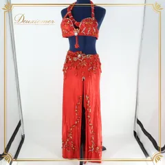 【ベリーダンス用 オリエンタル衣装】レッド ラインストーン スパンコールラメ ビーズ 赤 光沢 鮮やか 煌びやか お洒落 明るい エレガント ゴージャス トップス ロング スカート セットアップ 上下セット アクセサリー 装飾 豪華 真っ赤 ドレス おしゃれ