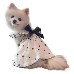 新品 犬服 リボン ハート柄 袖なし Dカン付き コットン 小型犬 中型犬 着脱簡単 ドッグウェア ドット柄 フリル 散歩用 可愛い お出かけ フリフリ 女の子 綿 (ブラック M)
