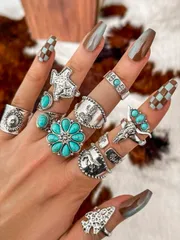 リング レディース セット 10個セット ビンテージ ターコイズフラワー、テキサス地図、サボテン、ひまわり、矢印デザイン オープンリング レディース ホリデージュエリー バレンタイン、母の日、ギフト用