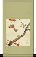 【真作】絵画　橋本高鳳　日本画（色紙）　秋の夜長　柿の木と佇む狸　U167 真作】絵画 橋本高鳳 日本画（色紙） 秋の夜長 柿の木と佇む狸