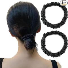 ヘアゴム シルク ヘアゴム かわいい 大人 シルク シュシュ シルク 100% 髪にやさしく跡がつかない 髪ゴム シーン別で使える (2個ブラック)