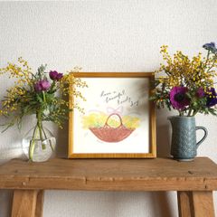 「ミモザの花かご」20cm角ポスター（文字入り／なし）
