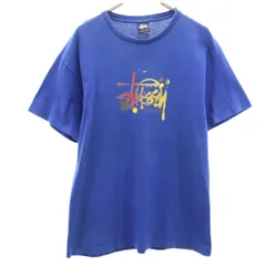 ステューシー 90s USA製 紺タグ オールド プリント 半袖 Tシャツ L ブルー STUSSY メンズ 古着 【240322】 メール便可