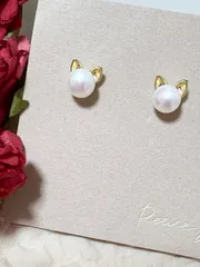 淡水パール　猫　ピアス　S925ポスト　つけっぱなし