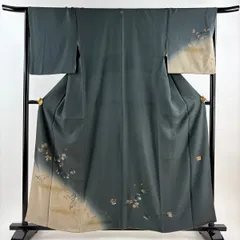 付下げ 身丈159.5cm 裄丈66.5cm M 袷 落款 葡萄 霞 金銀彩 染め分け 深緑 正絹 秀品 一つ紋 【中古】