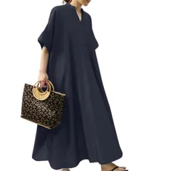 【特価セール】[KumiModa] ワンピース レディース 半袖 ゆったり ロングワンピース Vネック 大きいサイズ夏 体型カバー 着痩せカジュアル 無地 ドレス レディース 春夏秋 お出かけ 通勤