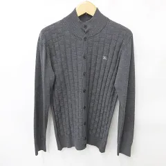 バーバリーブラックレーベル BURBERRY BLACK LABEL ニット カーディガン ハイネック 格子柄 羊毛 グレー 3