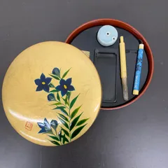 ミニ　書道セット   金色　硯　墨　筆　花 絵柄