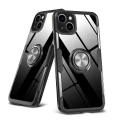 iPhone 13 用ケース リング付き 耐衝撃 ガラス クリアケース 車載ホルダー対応 スタンド機能 透明 レンズ保護 ストラップホール付き 全面保護 黄変防止 スリム アイフォン13用カバー 銀黒 YZ1-89