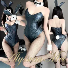 ウサ耳カチューシャ&黒網ストッキング付きセクシーレオタードエナメルバニーガールボディスーツコスプレ衣装フルセット　ハロウィンコスプレ大人レディース　舞台演出服　イベント仮装　ボディコン　オープンクロッチコスチューム　ボンデージ　逆バニー　ステージ衣装　写真撮影
