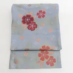 名古屋帯 京袋帯 ポリエステル 灰色ｘ緑色ｘエンジ色 六通柄 桜紋様 仕立て上がり 着物帯 長さ376cm