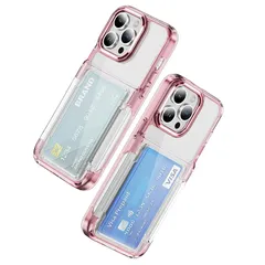 MuZiF iPhone 14 Pro 用 ケース クリア 米軍MIL規格の保護 カード収納 耐衝撃構造 黄変防止 擦り傷防止 透明 PC 背面クリア アイフォン14 Pro 用 カバー クリアケース（iPhone 14 Pro,ピンク） 1