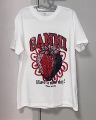 GANNI ファッション イチゴパターンプリント ガニー コットン 半袖Tシャツ GANNI ファッション イチゴパターンプリント ガニー コットン