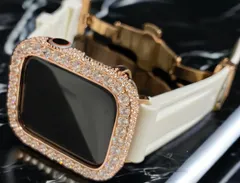 超高級大粒ローズゴールド×ホワイト★AppleWatchキラキラケース　カバー　アップルウォッチ　ラバーバンド　ベルト　40mm 41mm 44mm