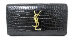 YSL/サンローランパリ　YSLライン クロコ型押しロングウォレット　372266　フラップ長財布　black/黒　【中古】