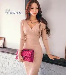 短納期！秋冬ワンピースタートルネックロング丈ニット ケーブル編みニットワンピース Aライン 袖付き Vネック 無地 通勤 二次会 カシュクールお呼ばれ vii4w917643