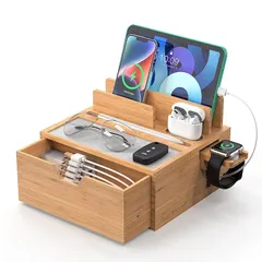 Pezin & Hulin 竹製 充電ステーション 卓上収納ート デスクオーガナイザー 複数のデバイスに充電場を提供する USB充電器は含まれません スマホ/タブレット/スマウォッチ/イヤホンなど対応でき 組立不要 大容量 ナチュラル 0