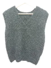 ◇ ⊇ La-gemme ラジェム ラメ入り Vネック フェザーニット ベスト サイズL ブラック レディース E  【1411070018700】