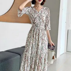 ワンピース 花柄 ロング 夏 七分袖 フレア きれいめ シフォン M 上品 Vネック