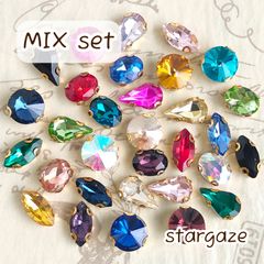 お得！【 30個 】 ガラス製 ストーン ビジュー 台座付きカボション 形・カラーMIX