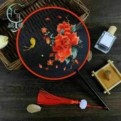 高級団扇　うちわ　両面刺繍　ししゅう　扇子　シルク素材　上品手芸　中国伝統刺繍　赤牡丹③