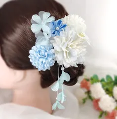 髪飾り 4点セット ライトブルー　紫　成人式 卒業式 ヘアアクセサリー 浴衣 結婚式 七五三 和装 花 ピン＆クリップタイプ　着物　フラワー　かわいい　水色 03-044