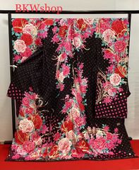 《大特価》　現品限り　振袖　未仕立て品　正絹　八掛付き　黒地ドット柄　薔薇模様　ＣＥＣＩＬ　Ｍｃ ＢＥＥ　リメイク