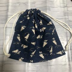 マチ付きハンドメイド巾着袋 うさぎ柄 ネイビー