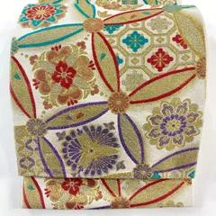 【美品】 袋帯 秀品 七宝 華文 金銀糸 箔 クリーム 六通 正絹 【中古】