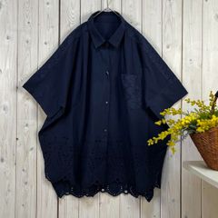 新品 スカラップ刺繍 ブラウス シャツ コットン ネイビー フリー