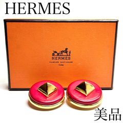HERMES エルメス イヤリング レザー スタッズ サークル スクエア メドール 赤 レッド