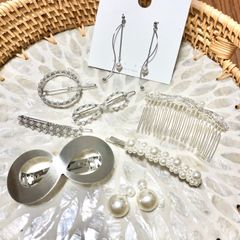 【8点】パールシルバー新品ヘアアクセサリーまとめ売り韓国ファッションピアス結婚式