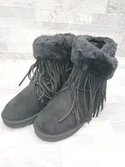 ■ ⊇ ◎ ●未使用● LAMO ラモ タグ付き フリンジ ムートン調 ショート ブーツ サイズ22.0 ブラック レディース E  【1507100004871】