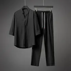 セットアップメンズ夏ロング丈ひんやりTシャツルームウェアロングパンツパンツ接触冷感カジュアル父の日綿麻風上下セット部