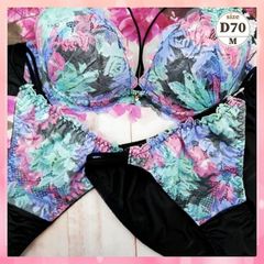 ★D70/M☆美胸ブラ＆ショーツ&Tバックショーツセット ダブルパッド 盛胸 谷間メイク 3点セット セクシー カラフルガーデン 緑青
