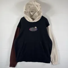 古着 アディダス adidas パーカー スウェット プルオーバー 袖ロゴ トレフォイルロゴ 大きいサイズ パターンカラー XL  ブラック メンズ