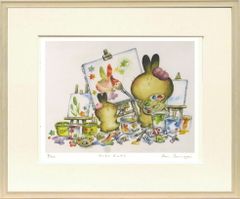 SALE【F6】水森亜土（LOVE）肉筆品/表裏サイン有り/手描き/油絵/高級額