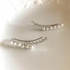 【新品】パール＆ストーンライン ピアス 両耳用 シルバー　イヤーカフ　イヤークリップ